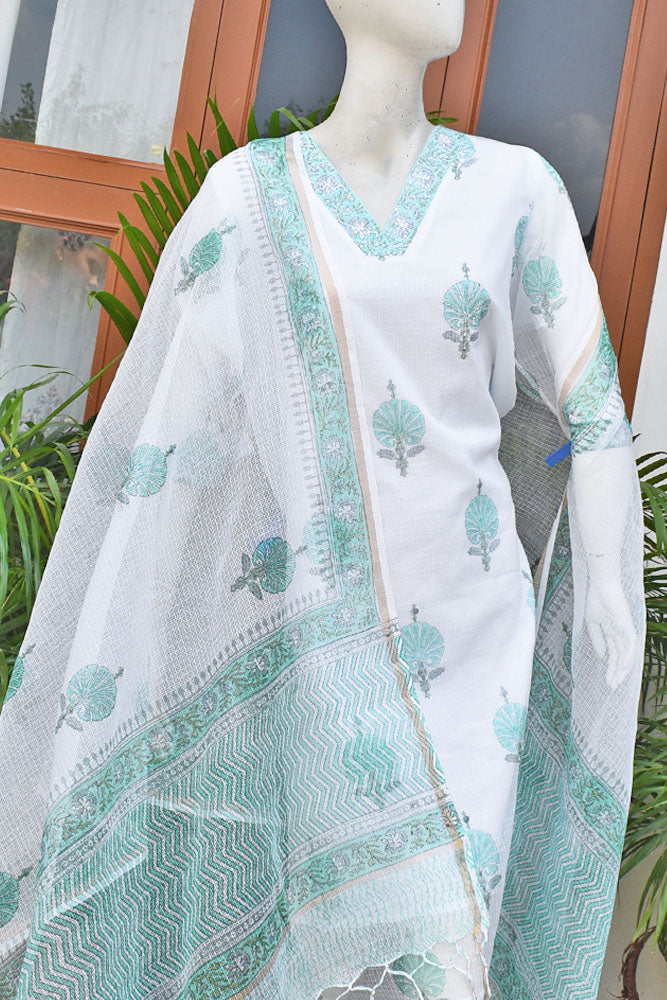 Premium Semi stitched Kota Doria Unstitched suit with Hand Block Print & Hand Embroidery
