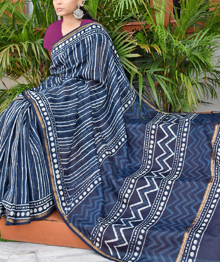 Indigo Diaries : Elegant Hand Block Printed Dabu Indigo Chanderi Saree