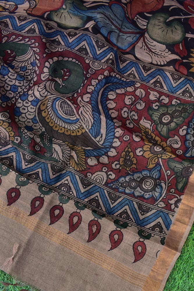 Earthy Hand Painted Kalamkari Desi Tussar Silk Dupatta