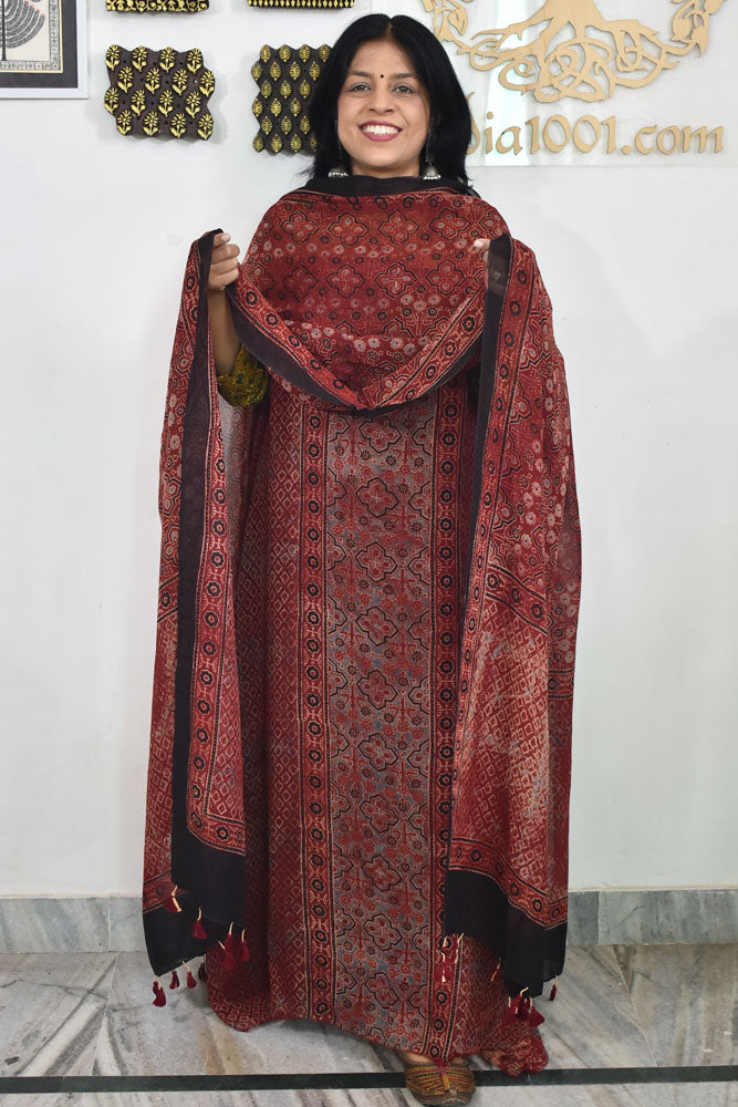 Ajrakh Hand Block Print Georgette Dupatta & Georgette Kurta Fabric