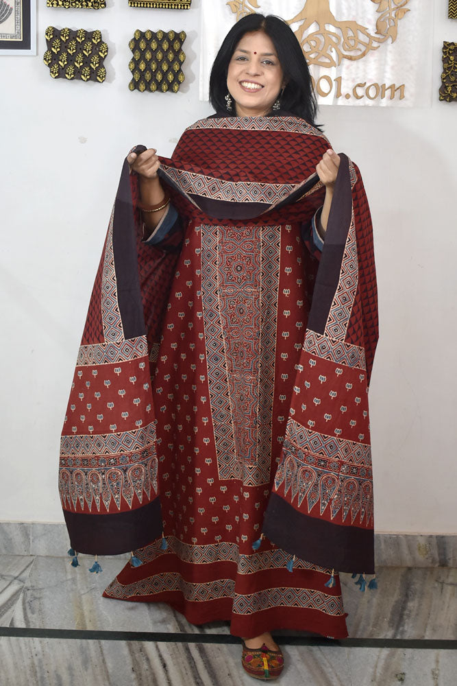 Designer Ajrakh Cotton Unstitched suit with panel design, Ajrakh Dupatta - 2 piece set