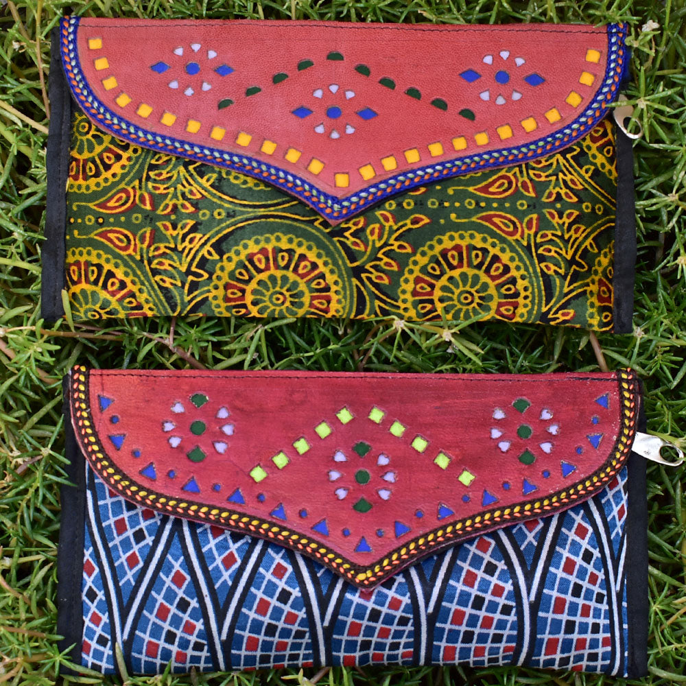 Set of 2 - Handcrafted Kutch Leather Punch work &Ajrakh Mashroo wallet/purse