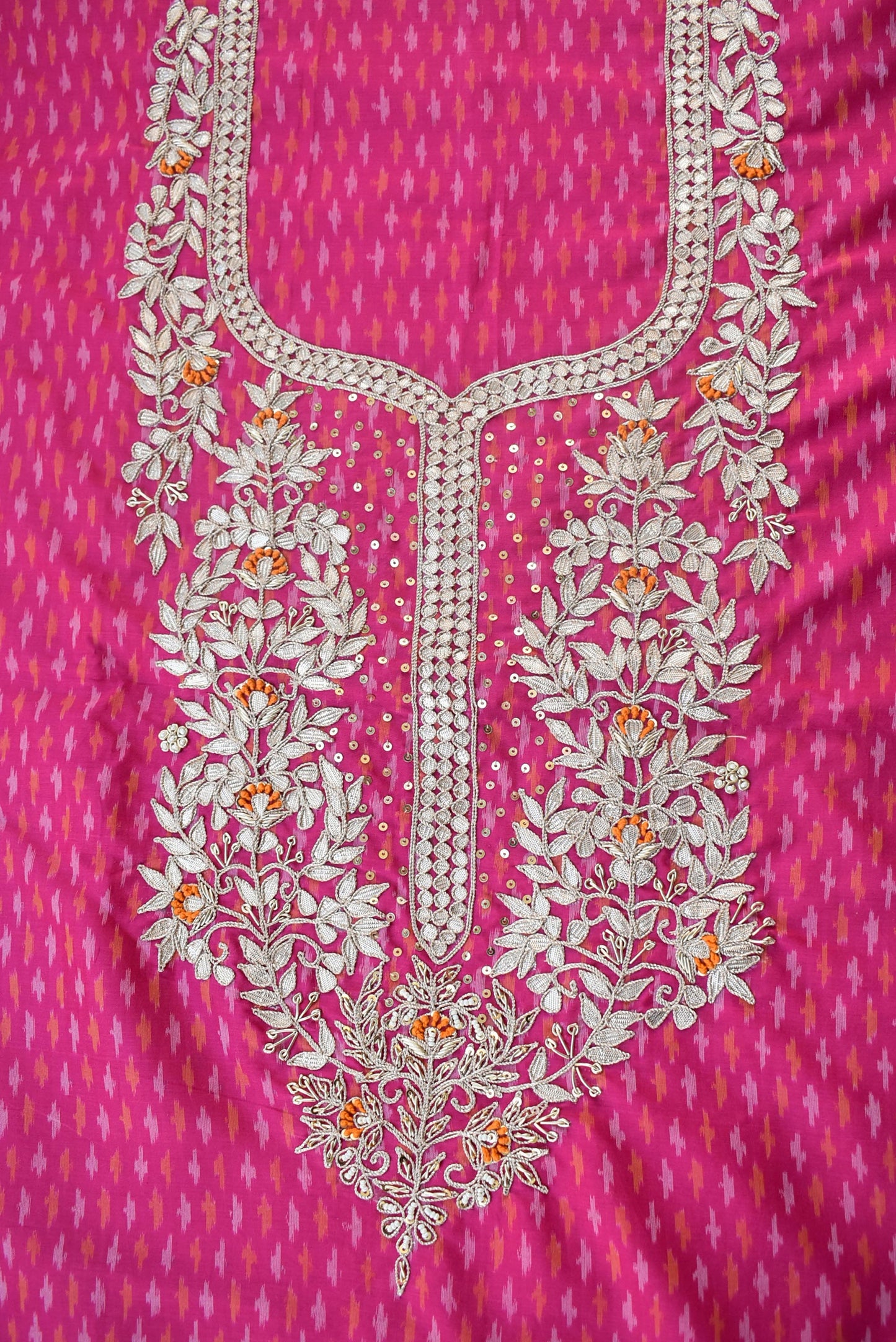 Elegant Handwoven Ikkat Silk Cotton Fabric with Hand Embroidery ( 2.5 mtrs)