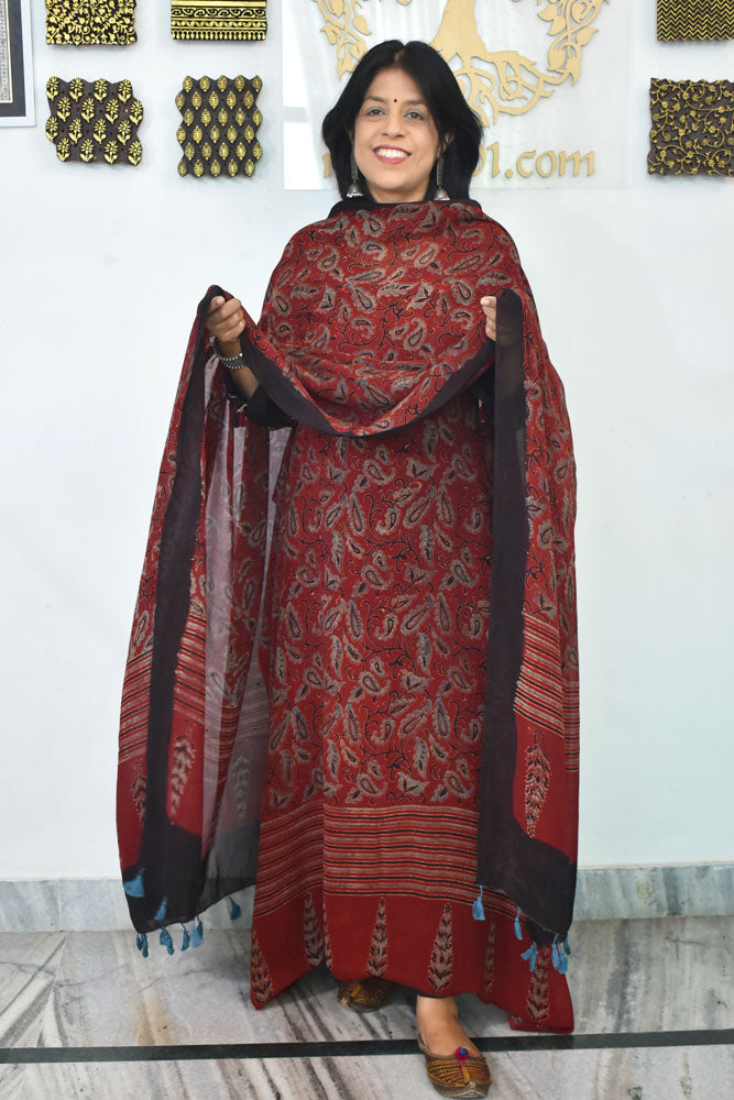 Ajrakh Hand Block Print Georgette Dupatta & Georgette Kurta Fabric