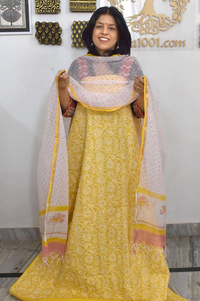Elegant Lucknowi Hand Embroidered Tepchi work & Block print Unstitched Suit