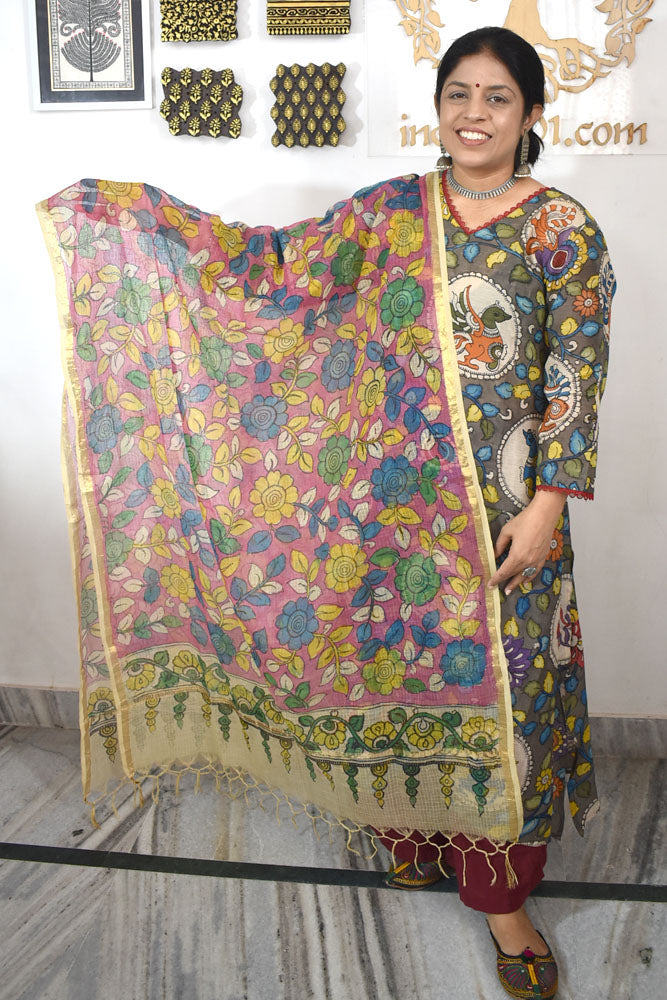 Beautiful Kota Cotton Hand Painted Kalamkari Dupatta