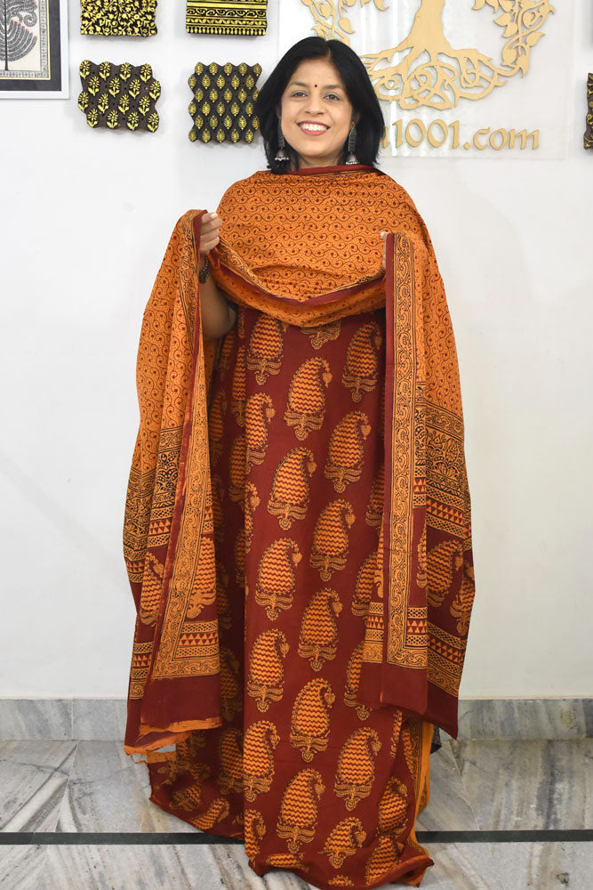 Bagh Hand Block Printed unstitched 3 pc Cotton suit fabric from MP