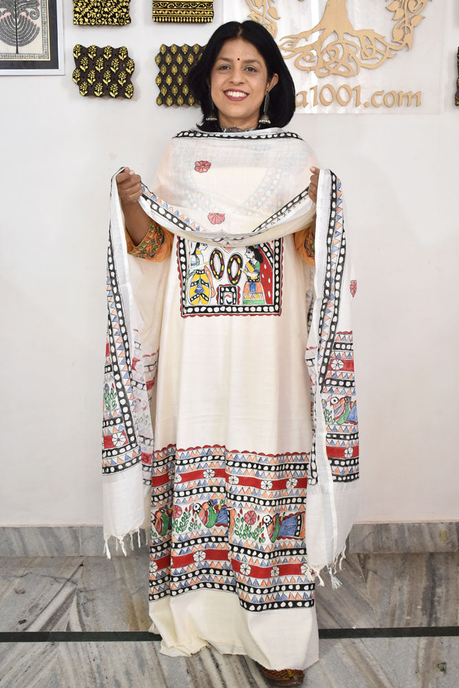Slub Cotton suit with Hand Painted Madhubani Art patterns