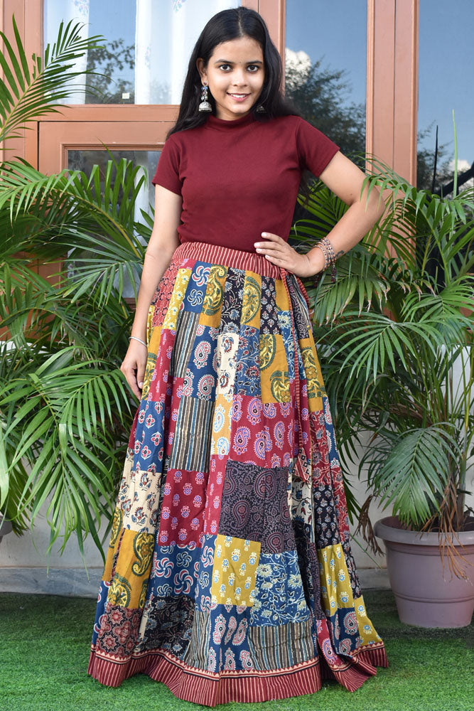 Beautiful Ajrakh Hand Block Printed Patch Work Cotton Long Skirt with Stitched borders