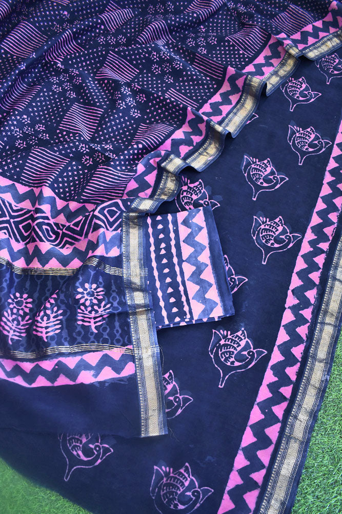 Beautiful Jahota Hand Block Printed Maheshwari Silk Cotton set with Bottom