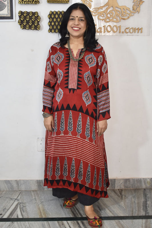 Beautiful Hand Block Printed Ajrakh Modal Silk Kurta, Size 38 to 52