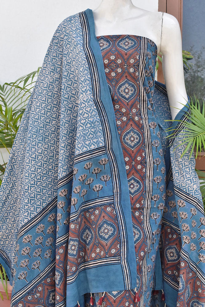 Hand Block Print Ajrakh Cotton Suit with designer Ajrakh neck yoke pattern