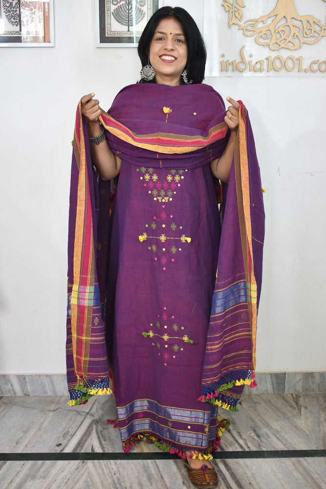 Premium Handwoven Kala Cotton Bhujodi suits with Mirror and Miri work - 3 pc set
