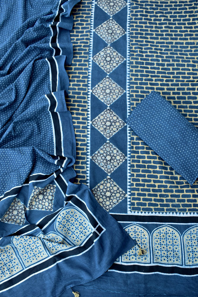 Hand Block Print Ajrakh Cotton Suit with designer Ajrakh neck yoke pattern
