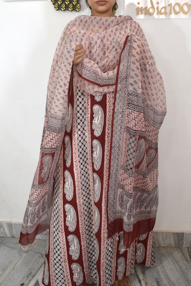 Classic Bagh Block Printed unstitched suit fabric with Kota Doria dupatta