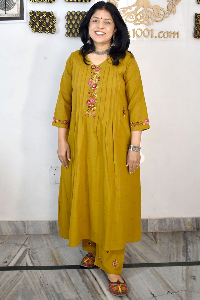 Elegant Cotton kurta / dress with French knot Hand Embroidery with pant - Size 38 - 46