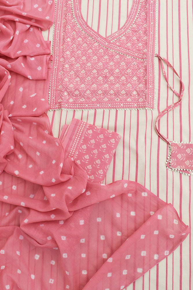 Beautiful Cotton suit with readymade yoke, embroidery and mirror work with Bandhani Cotton dupatta