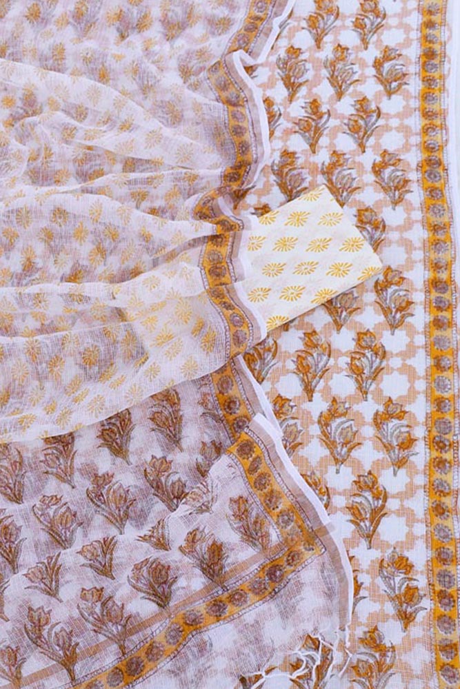 Elegant Sanganer Hand Block Printed Kota cotton Unstitched suit with Cotton Lining & bottom - 4 pc set