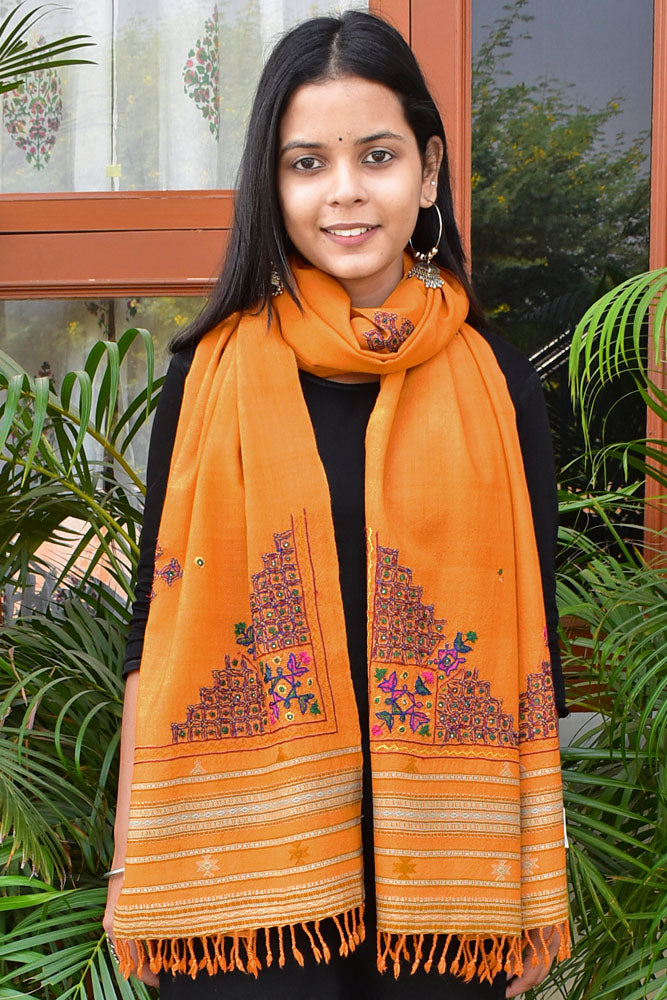 Handwoven Kutch Pure Merino Wool Stole with Mutva Hand Embroidery work