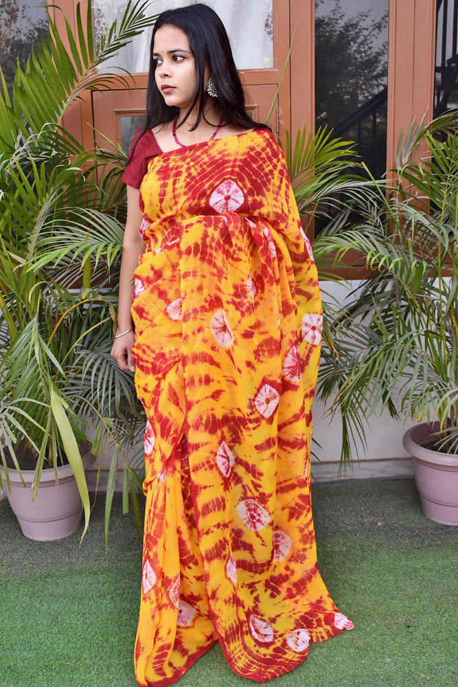 Semi Organza Saree with Hand Tie Dye work