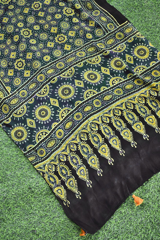 Beautiful Hand Block Printed Ajrakh Modal Silk stole with Tassels