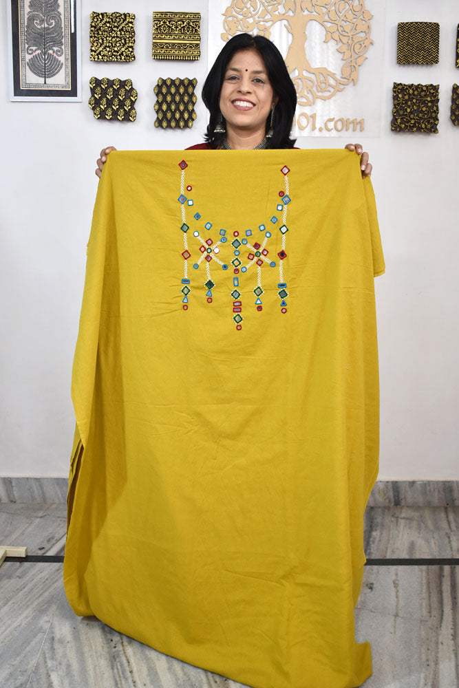 5 mtr cotton fabric with Mirror and Ahir work embroidery on the neck