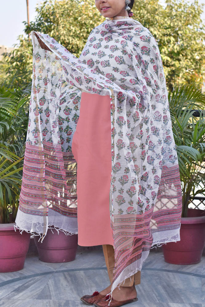 Hand Block Printed Kota Cotton Dupatta with zari border