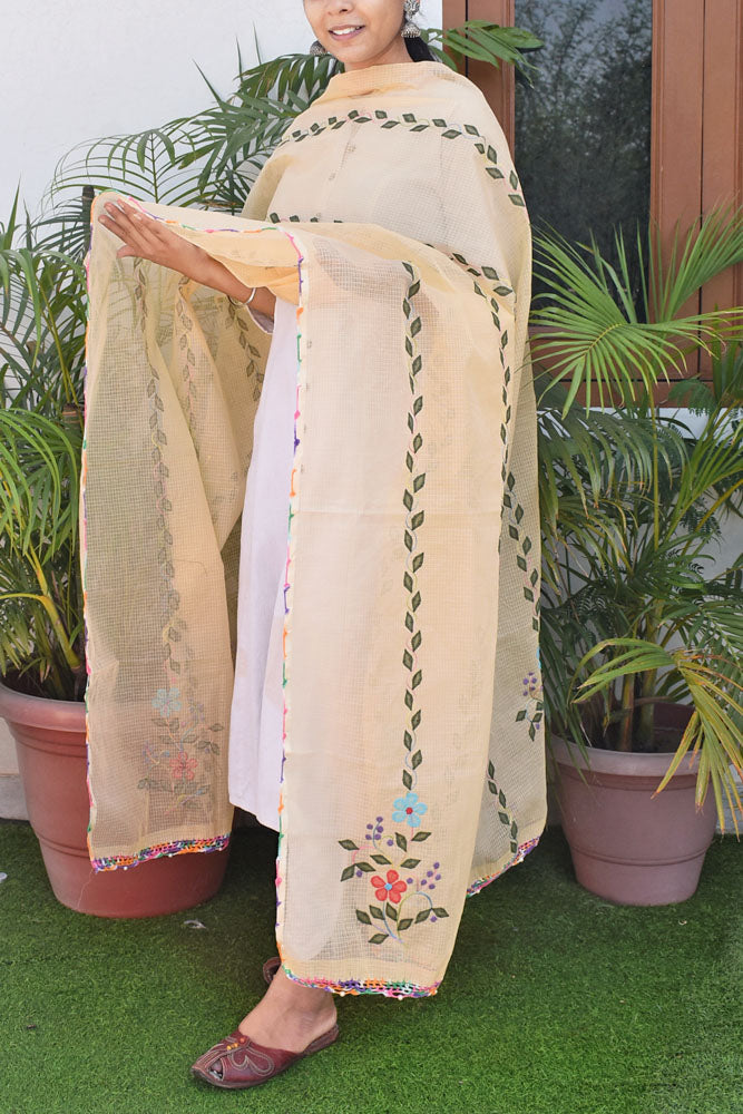 Handcrafted Phool Patti Applique & Hand Crochet work Kota cotton dupatta