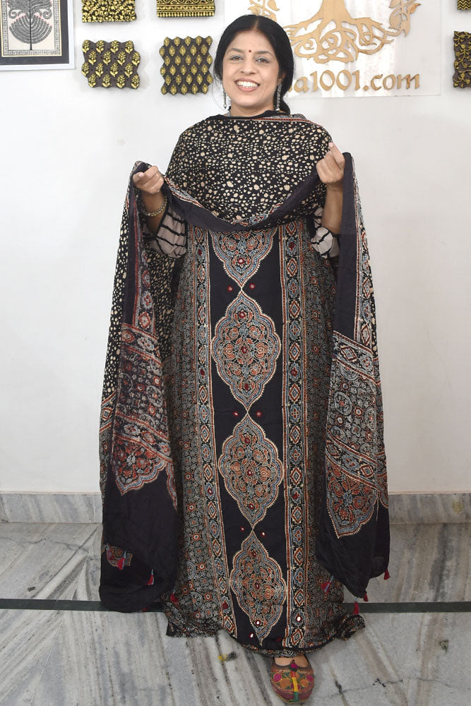 Designer Ajrakh Modal Silk Unstitched suit with Mirror Work, Ajrakh Dupatta & Bottom- 3 piece set
