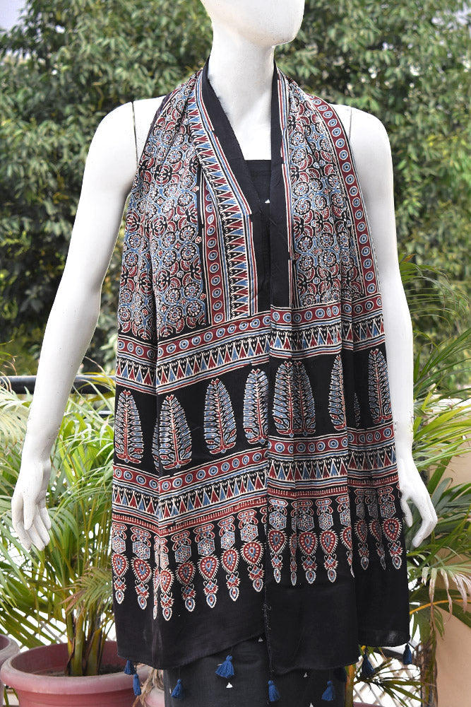 Beautiful Hand Block Printed Ajrakh Modal Silk stole with Tassels