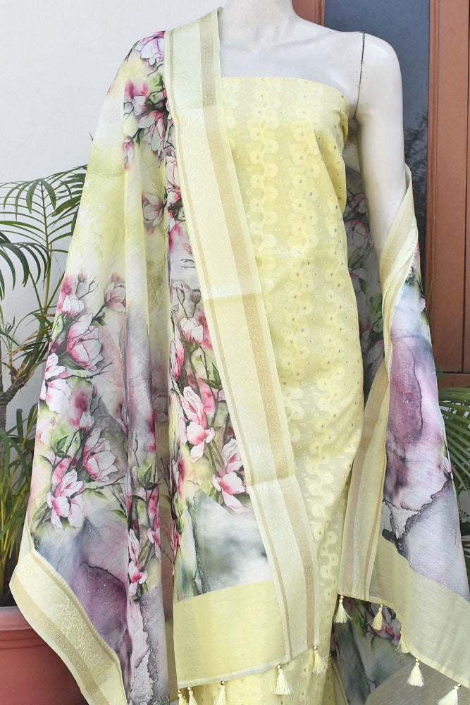 Beautiful Banarasi suit with woven bootis and Digital print dupatta