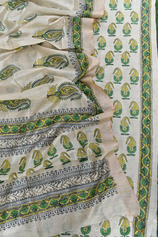 Elegant Hand Block printed Moonga Tussar Silk Kurta Dupatta Set