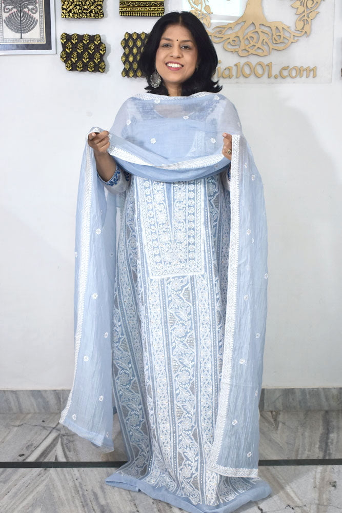 Gorgeous Mul Chanderi Kurta fabric & Dupatta set with embroidery