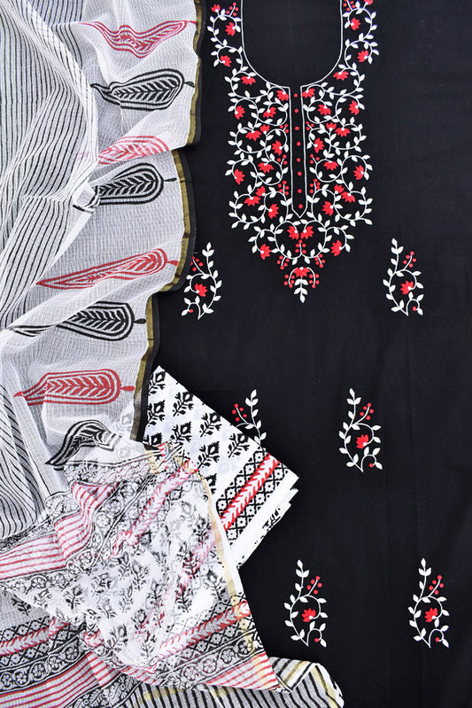 Elegant Cotton Unstitched Kurta withHand Phool Patti Work & Block printed Dupatta & Bottom - 3 pc Suit