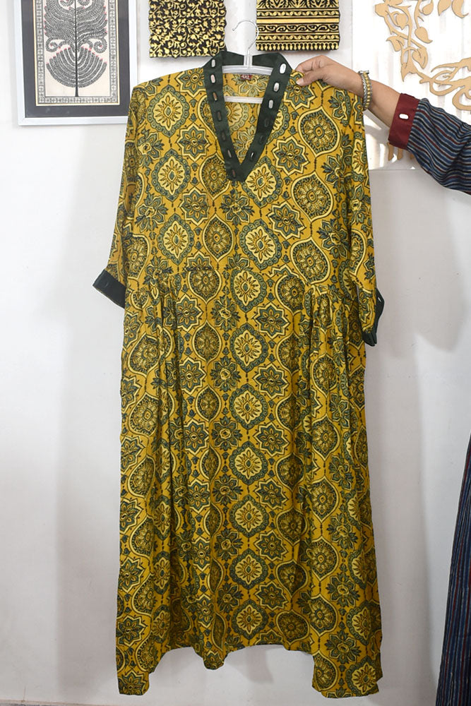 Beautiful Hand Block Printed Ajrakh Modal Silk Kurta With Mirror Work, Size 38 to 48