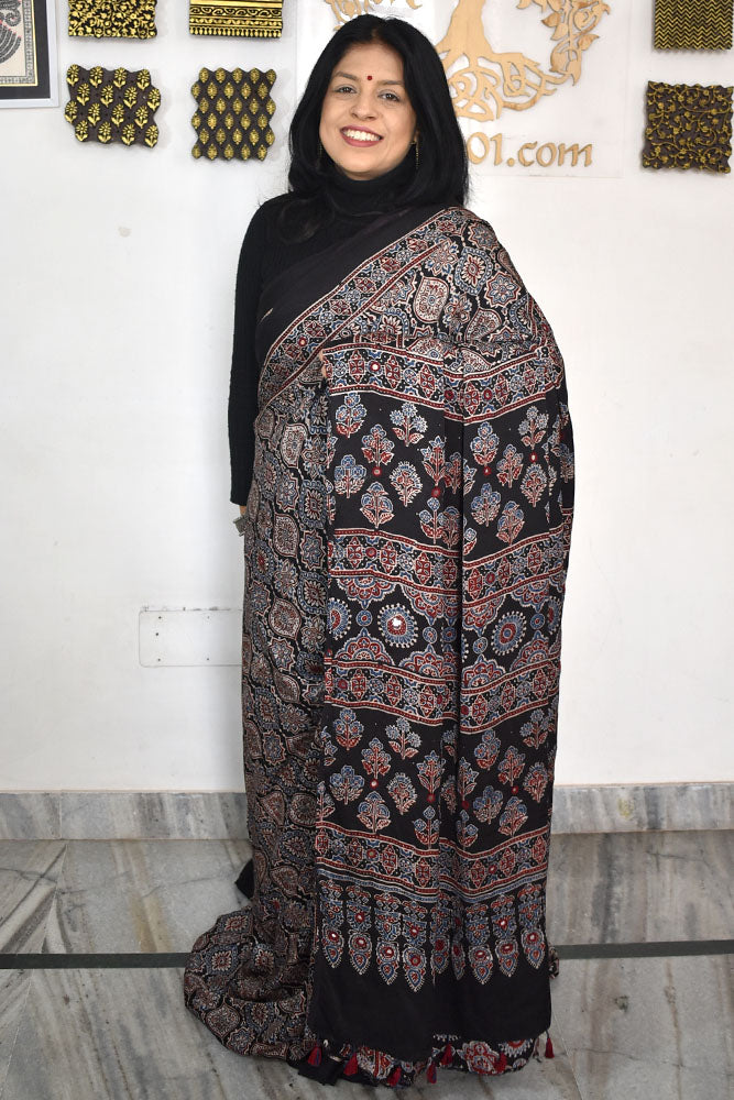 Elegant Hand Block Printed Ajrakh Modal Silk Saree with Mirror Work & tassels