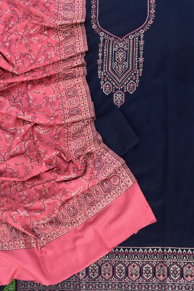 Beautiful Woolen Suit fabric & Stole with All over pattern and Zari & Thread weaving