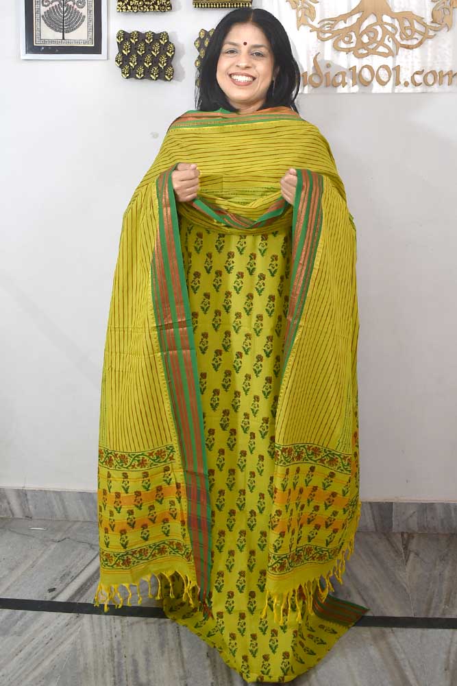 Beautiful Handwoven Chettinad & Narayanpet Cotton suit with Hand block print Dupatta