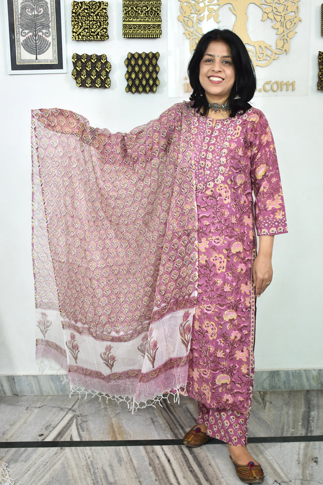 Hand Block Printed Cotton suit with Hand Embroidery - Kurta , Kota Dupatta & Pant - size 38, 40, 42, 44, 46