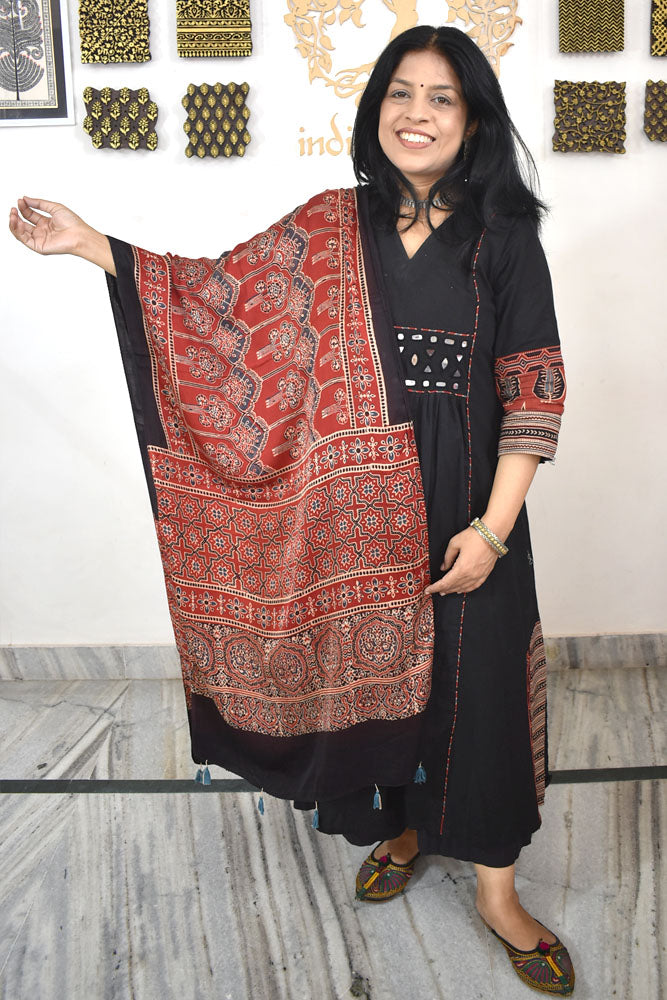 Beautiful Hand Block Printed Ajrakh Modal Silk stole with Tassels