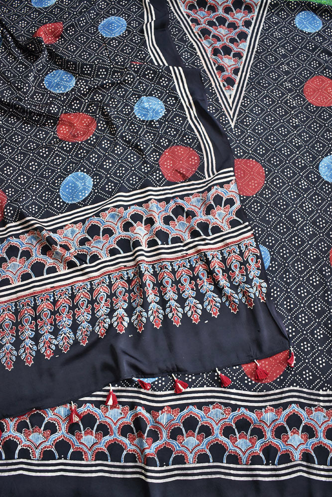 Designer Ajrakh Modal silk Kurta and Dupatta Set with Neck yoke and panel design
