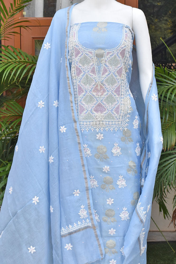 Banarasi Chanderi silk Kurta fabric & Dupatta with Chikankari , pearl, cutdana & sequins work