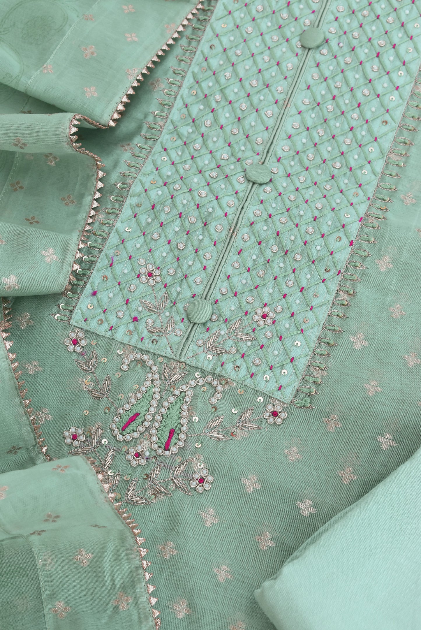 Beautiful Banarasi Chanderi unstitched suit fabric with Woven bootis, Hand embroidery & chanderi dupatta with stitched border Dupatta