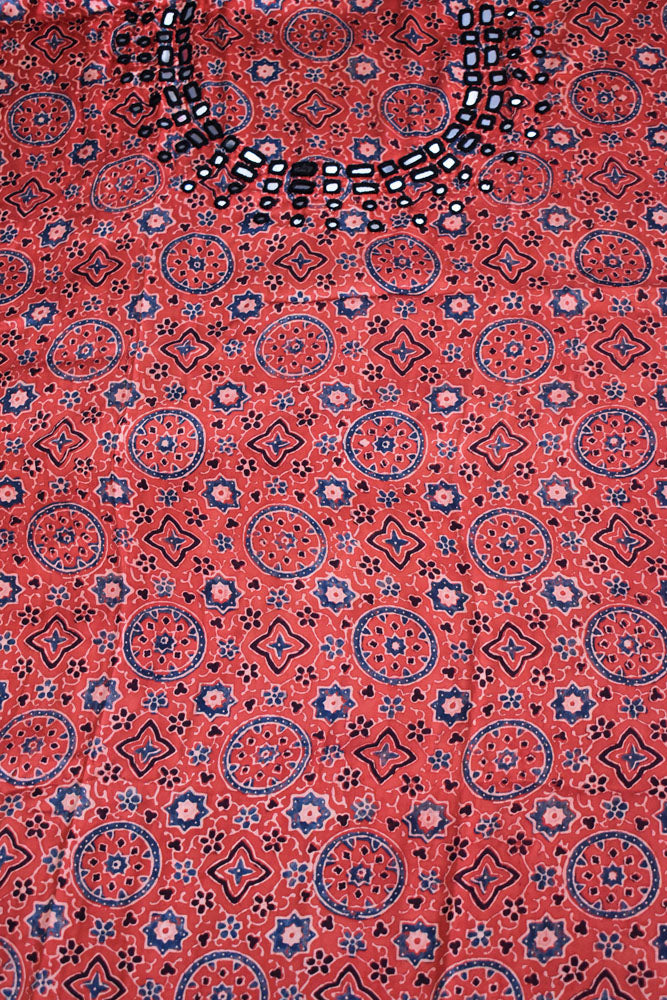 Designer Ajrakh Modal Silk Kurta Fabric with Kutch Mirror Work - 3 mtrs length