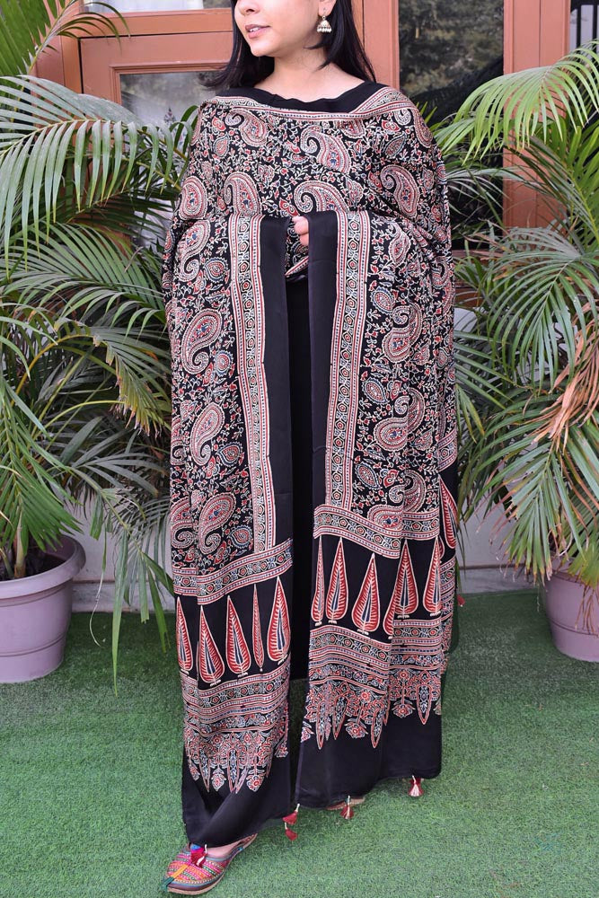 Elegant Modal Silk Ajrakh Block Print Dupatta with tassels