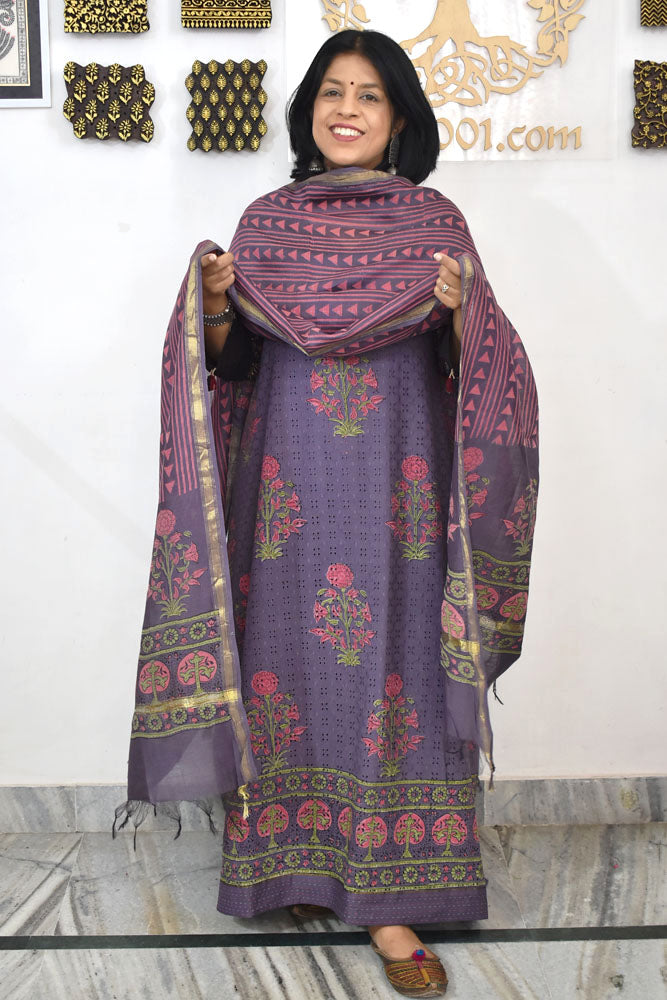 Elegant Hand Block print cotton suit with Schiffli work & Chanderi dupatta