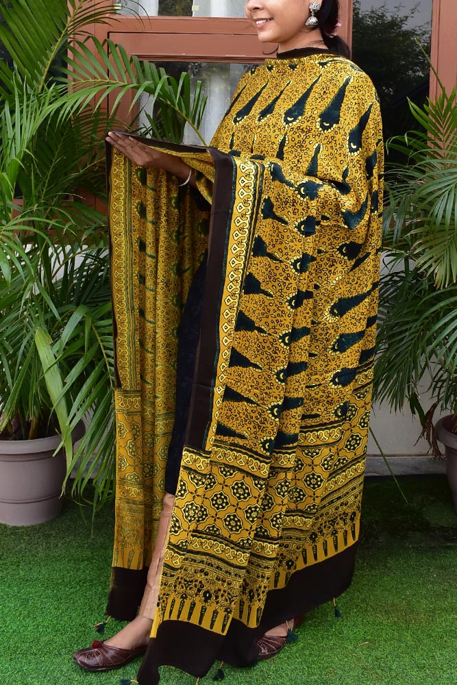 Elegant Modal Silk Ajrakh Block Print Dupatta with tassels