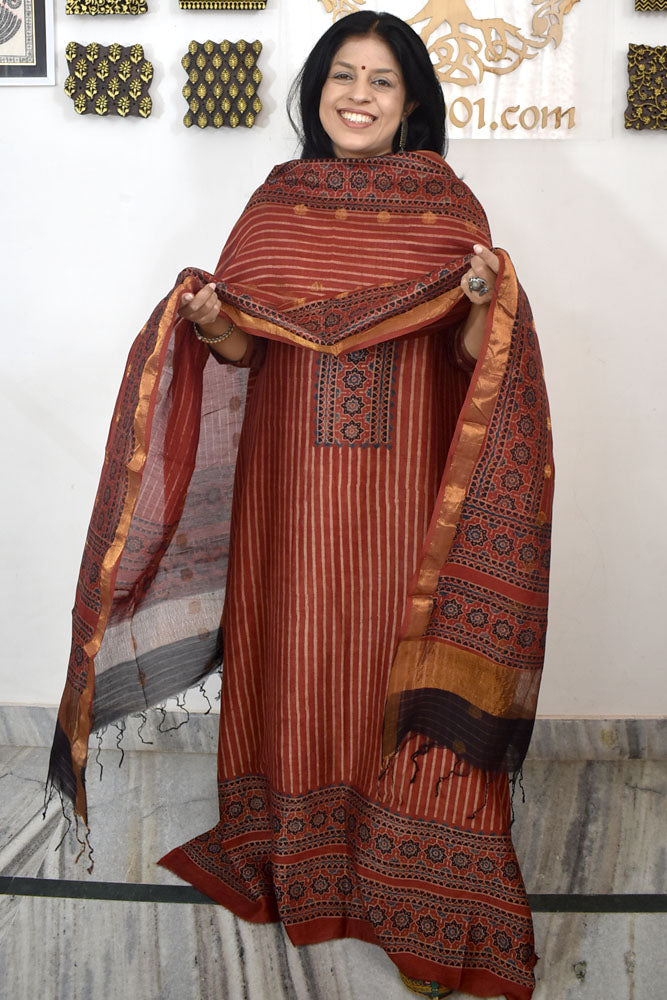 Beautiful Hand Block printed Ajrakh Chanderi Kurta and Chanderi Dupatta with Hand woven Booties