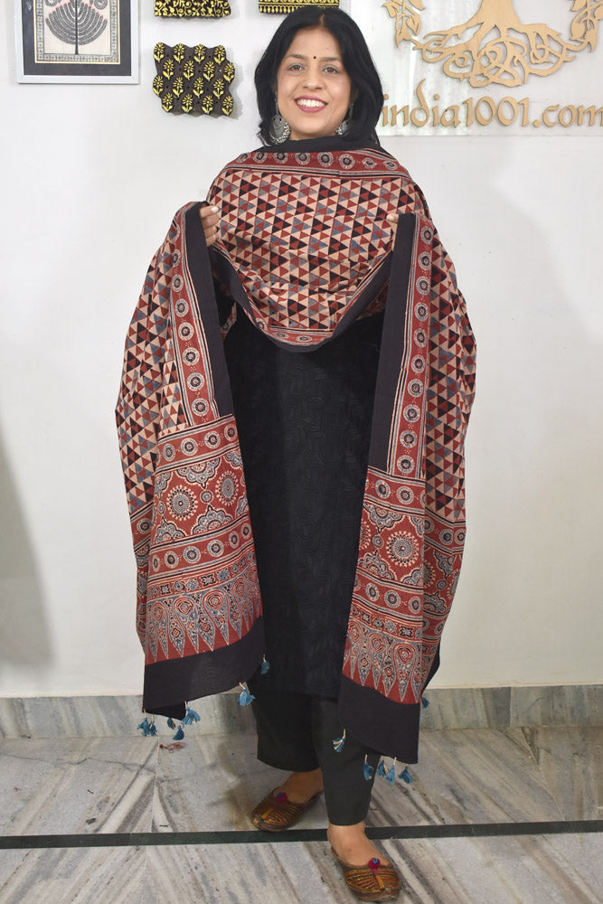 Ajrakh Hand Block Printed Cotton Dupatta with Tassels & natural dyes