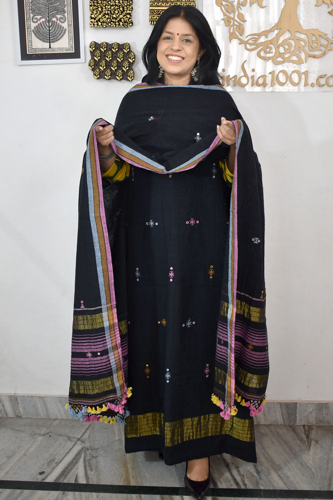 Premium Handwoven Kala Cotton Bhujodi suits with Mirror and Miri work - 3 pc set
